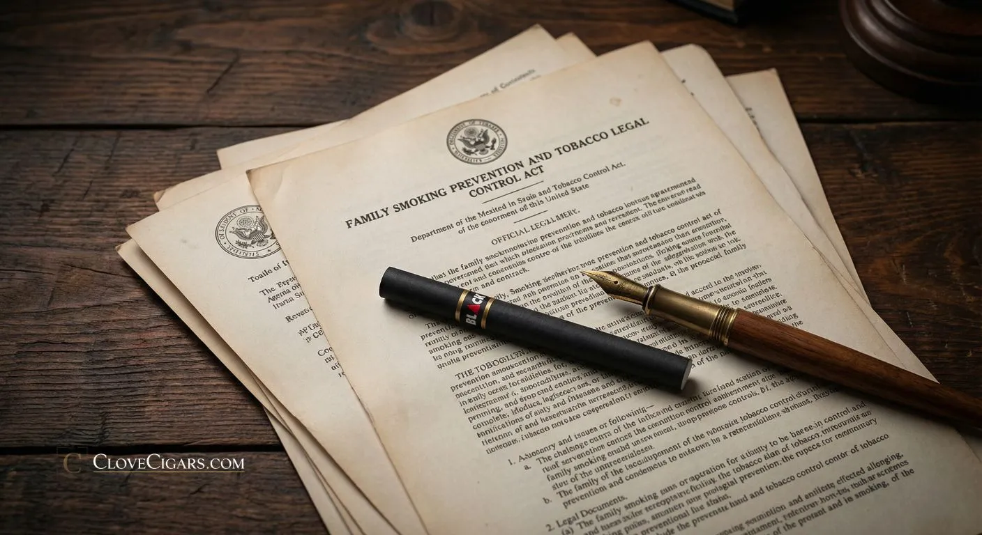 An editorial flat lay of the 'Family Smoking Prevention and Tobacco Control Act' legal documents next to a Djarum Black.